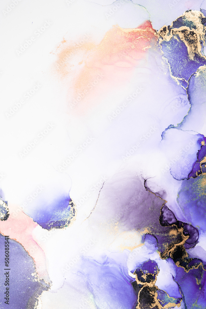 Purple gold abstract background of marble liquid ink art painting on paper . Image of original artwo