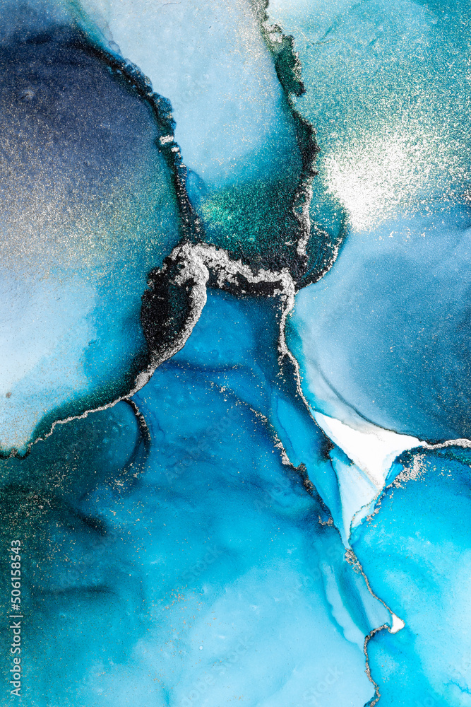 Blue silver abstract background of marble liquid ink art painting on paper . Image of original artwo