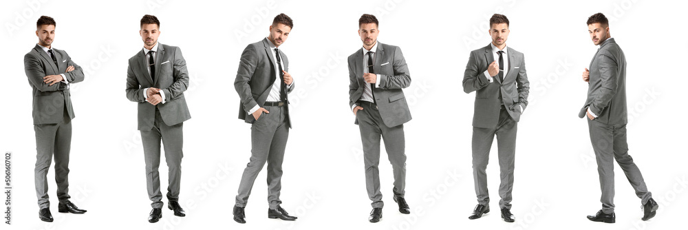 Set of handsome young man in elegant suit on white background