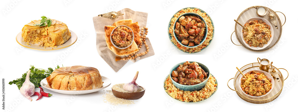 Set of tasty pilaf on white background