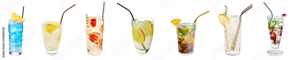 Set of refreshing cold cocktails in glasses on white background