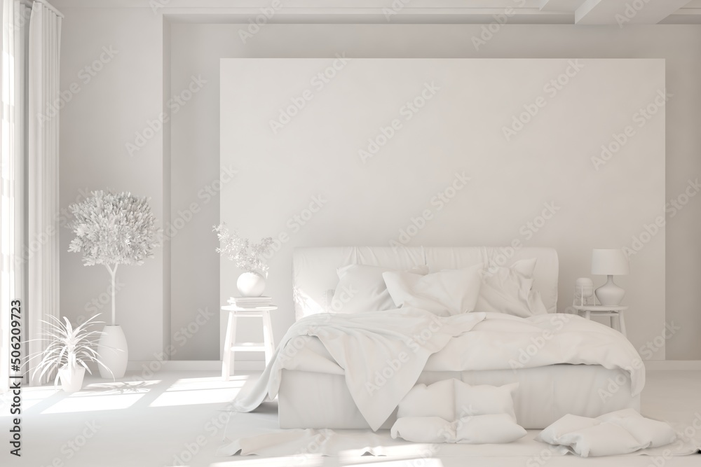 White bedroom interior. Scandinavian design. 3D illustration