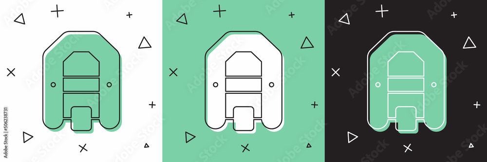 将漂流船图标隔离在白色、绿色和黑色背景上。带桨板的充气船。W