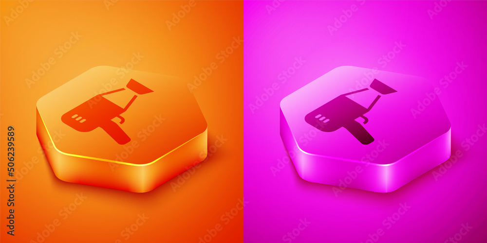 Isometric Hair dryer icon isolated on orange and pink background. Hairdryer sign. Hair drying symbol