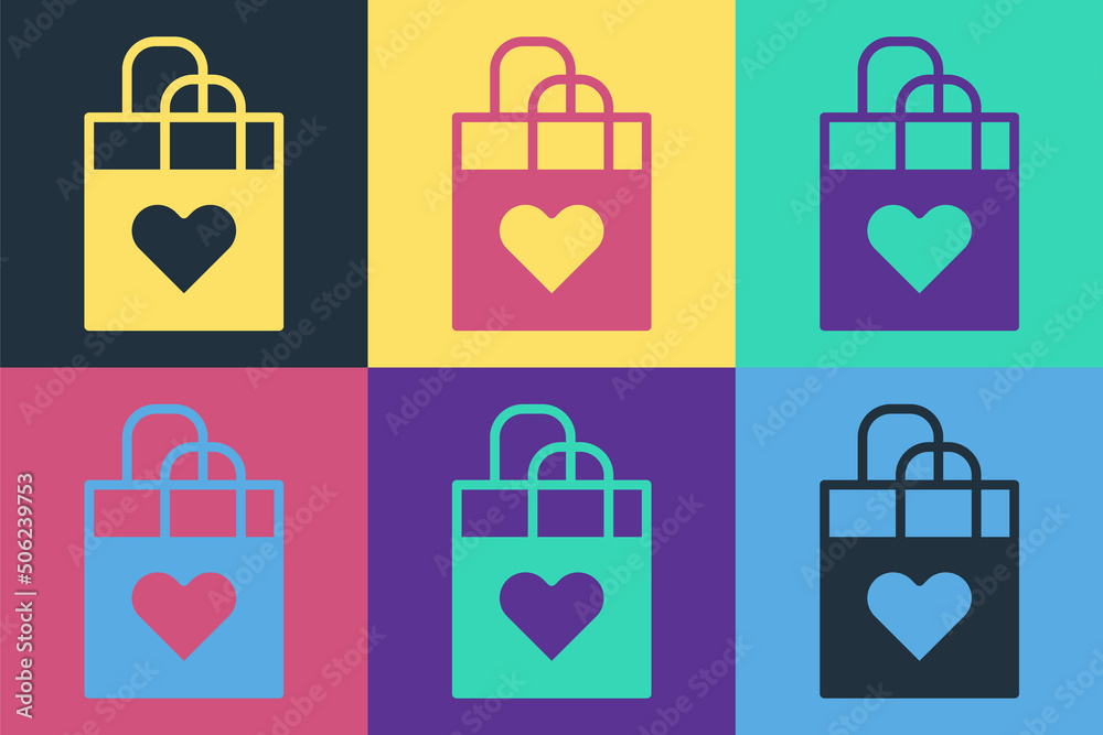 Pop art Shopping bag with heart icon isolated on color background. Shopping bag shop love like heart