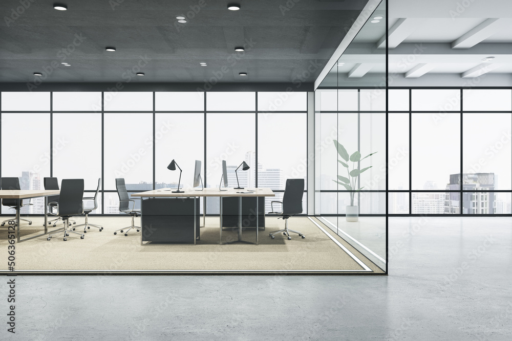 Minimalistic glass office interior with window and city view, furniture and equipment. Workplace con