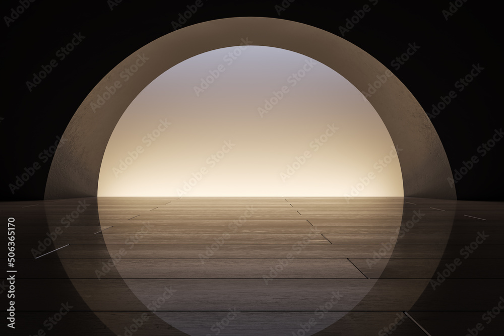 Contemporary abstract dark round exit or entrance sphere with light, reflections and mock up place. 