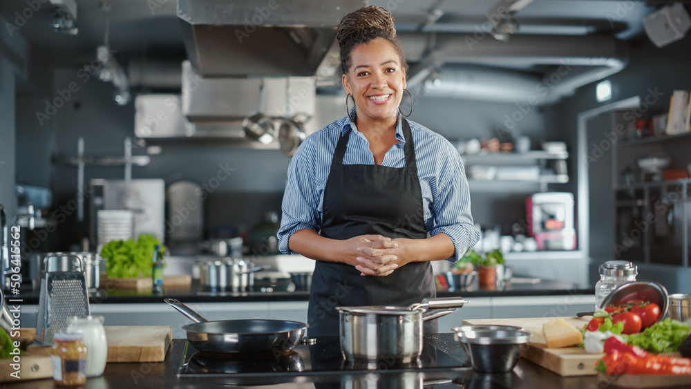 TV Cooking Show in Restaurant Kitchen: Portrait of Black Female Chef Talks, Teaches How to Cook Food