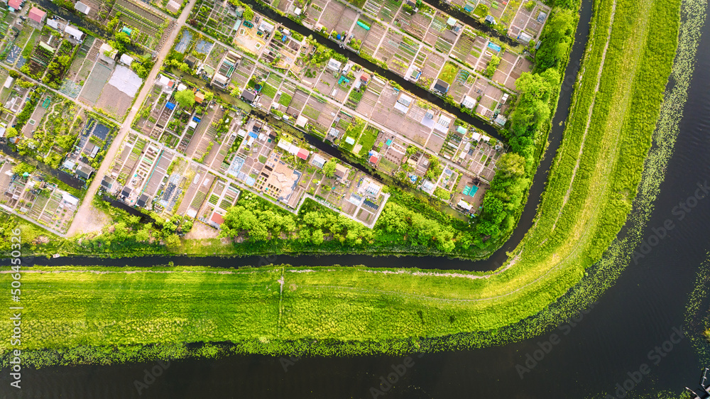 Aerial view of vegetable gardens. Netherlands. Canals with water for agriculture. Fields and meadows