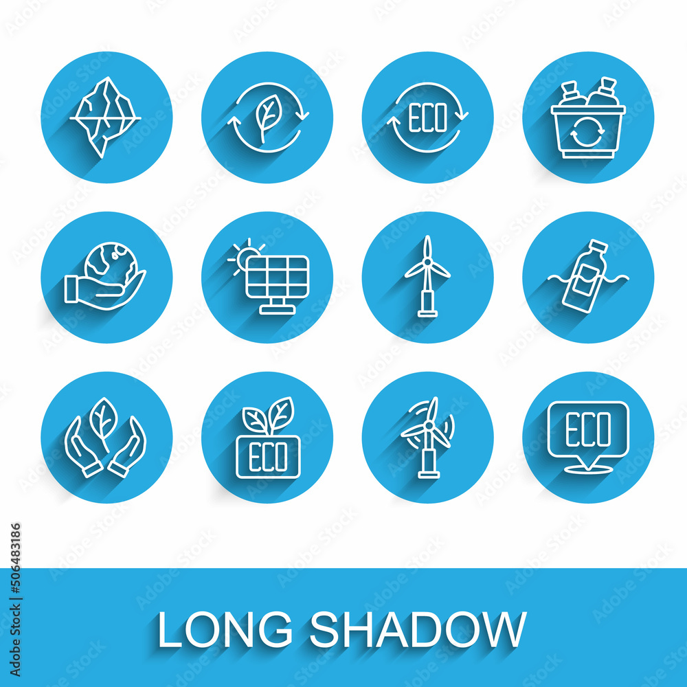 Set line Leaf in hand，Eco symbol，Iceberg，Wind turbine，Solar energy panel，The problem of curpti（设定线叶片