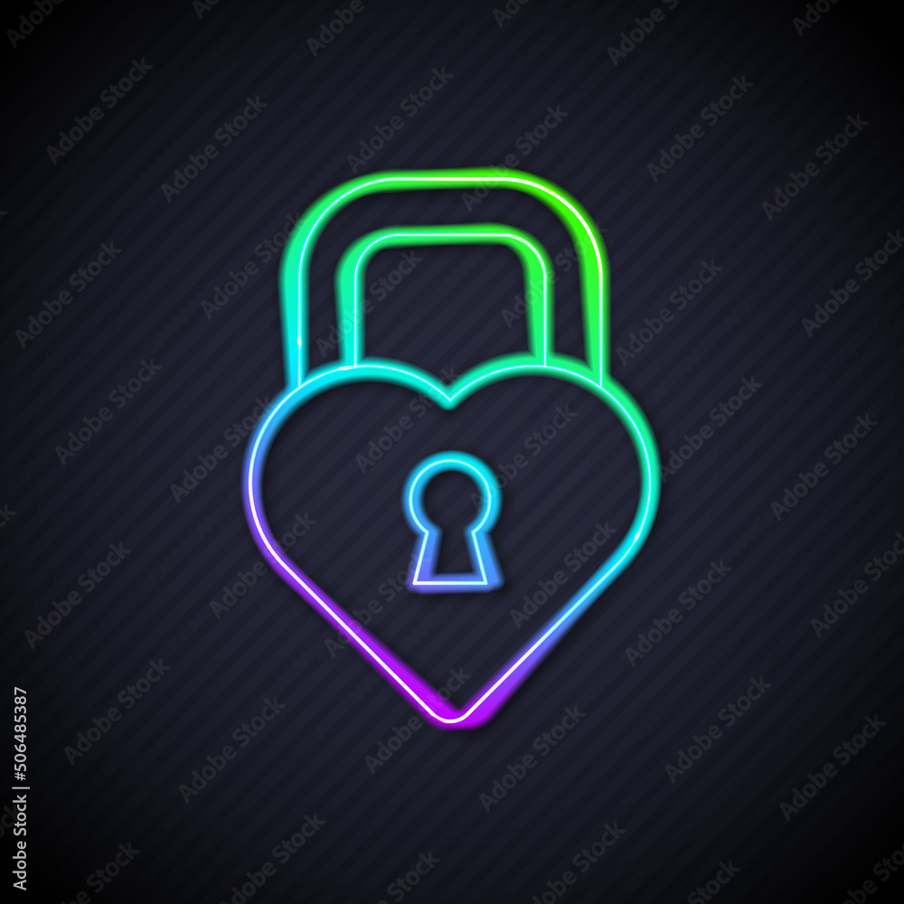 Glowing neon line Castle in the shape of a heart icon isolated on black background. Locked Heart. Lo