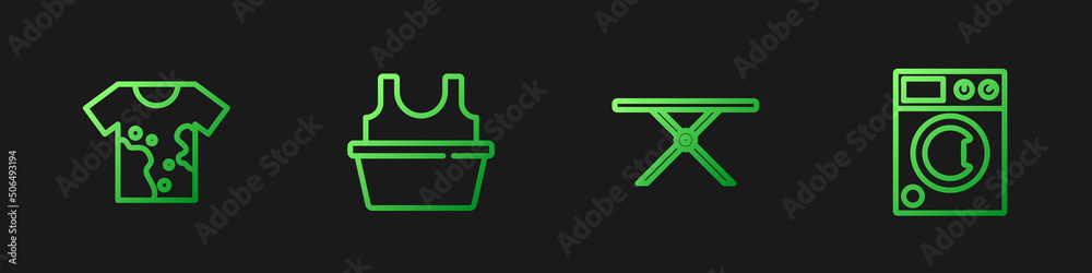 Set line Ironing board，Dirty t恤，Basin with and Washer。渐变色图标。Vector