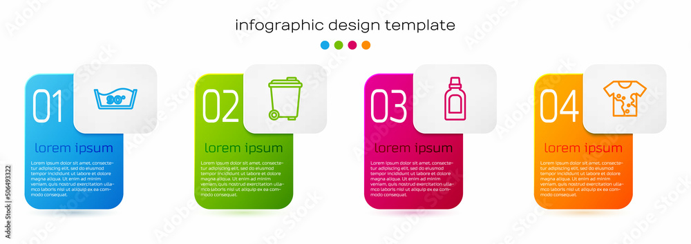 Set line Temperature wash, Trash can, Bottle for cleaning agent and Dirty t-shirt. Business infograp