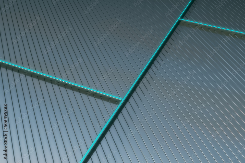 Abstract background with grey metallic squared cells divided by turquoise lines. 3D rendering