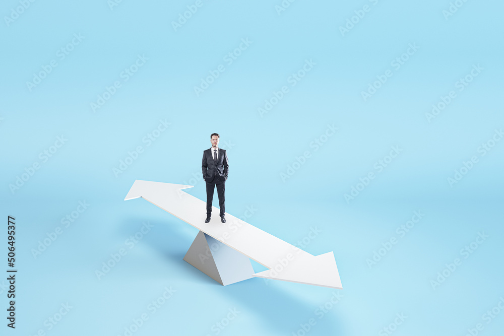 Businessman on white swing with arrows making decision which way is better, right choice concept