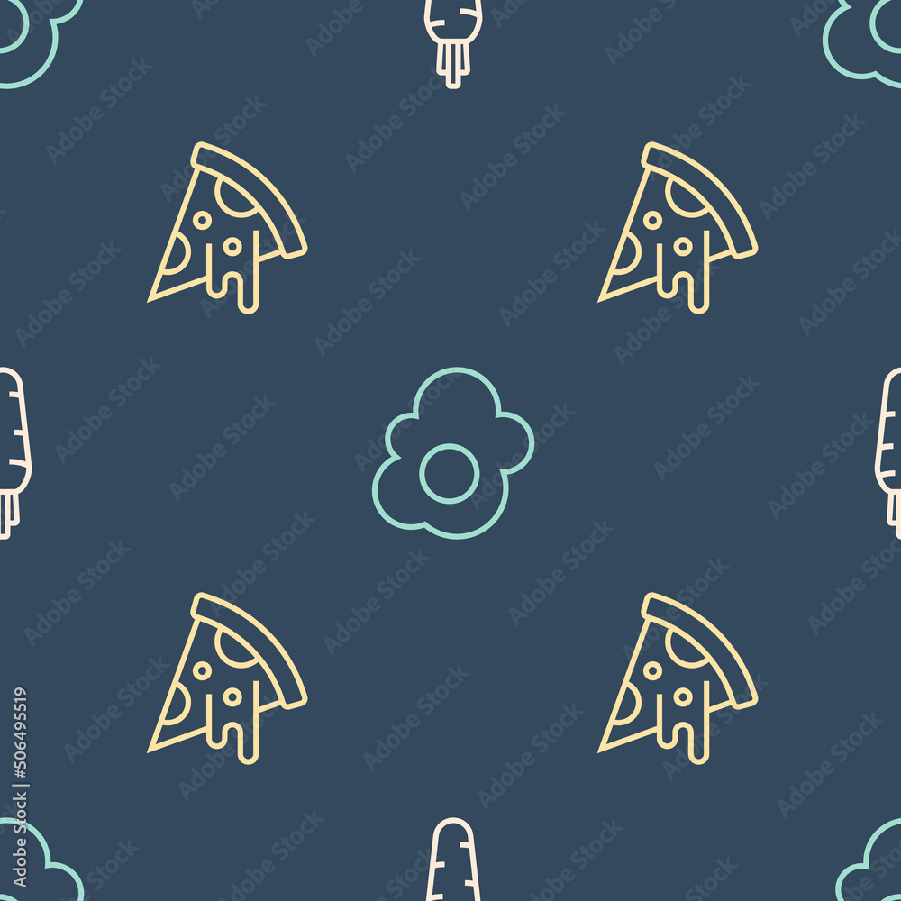 Set line Carrot, Slice of pizza and Scrambled egg on seamless pattern. Vector