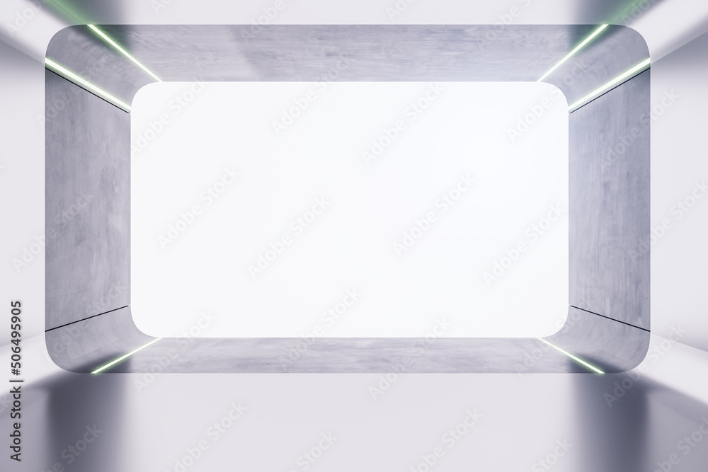 Front view on bright white screen in abstract futuristic style hall with metallic walls. 3D renderin