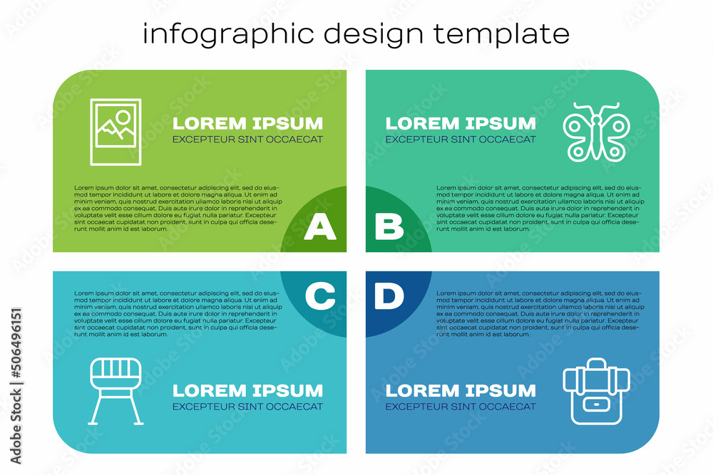 套装烧烤架、相框、徒步背包和蝴蝶。商业信息图模板。