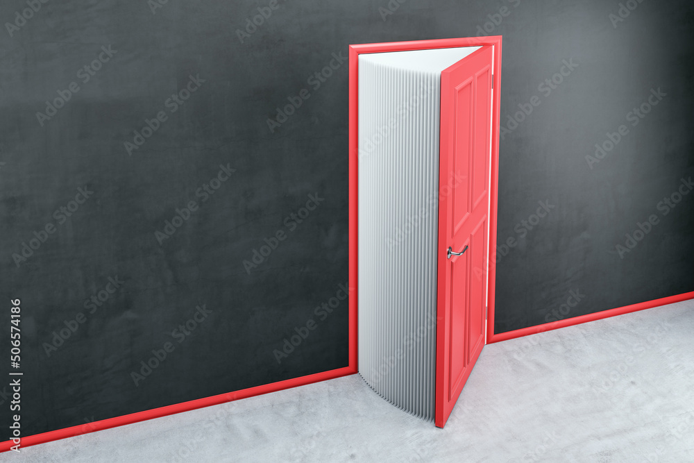 Creative open red book door in concrete interior. Education, knowledge, opportunity and success conc