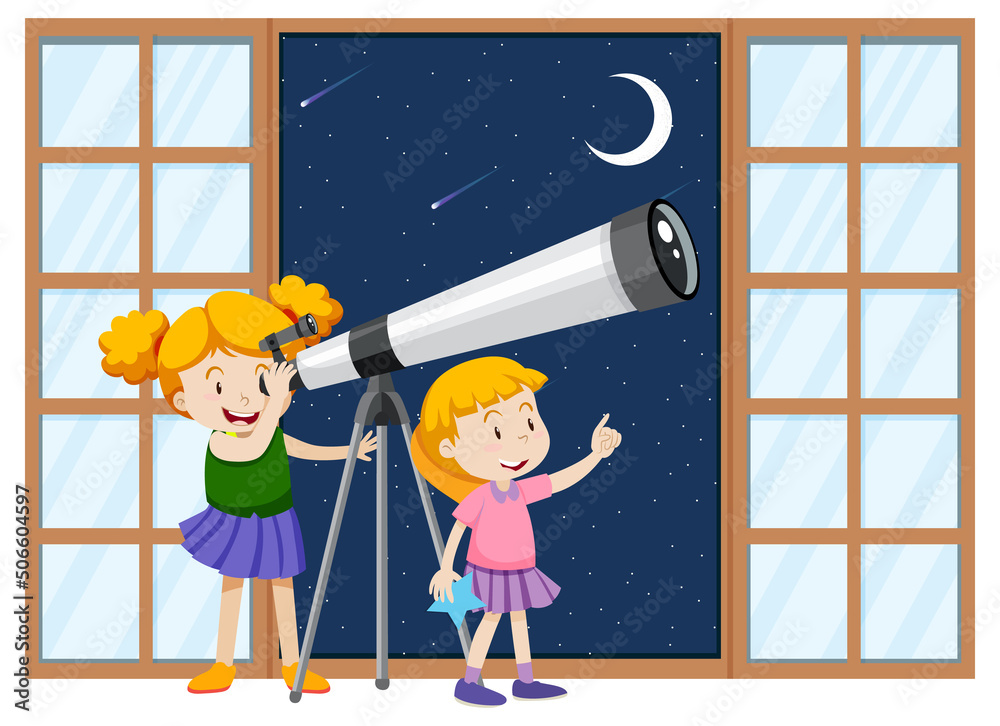 Little girls observe night sky with telescope