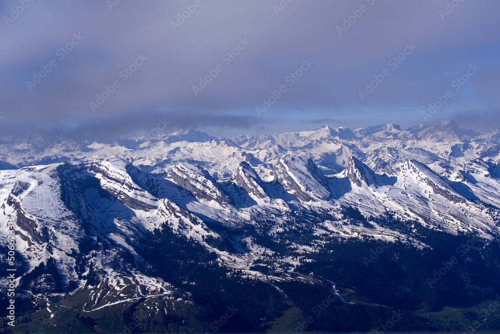 Aerial view over the Swiss Alps with Churfirsten and Toggenburg Valley seen from Säntis peak at Alps