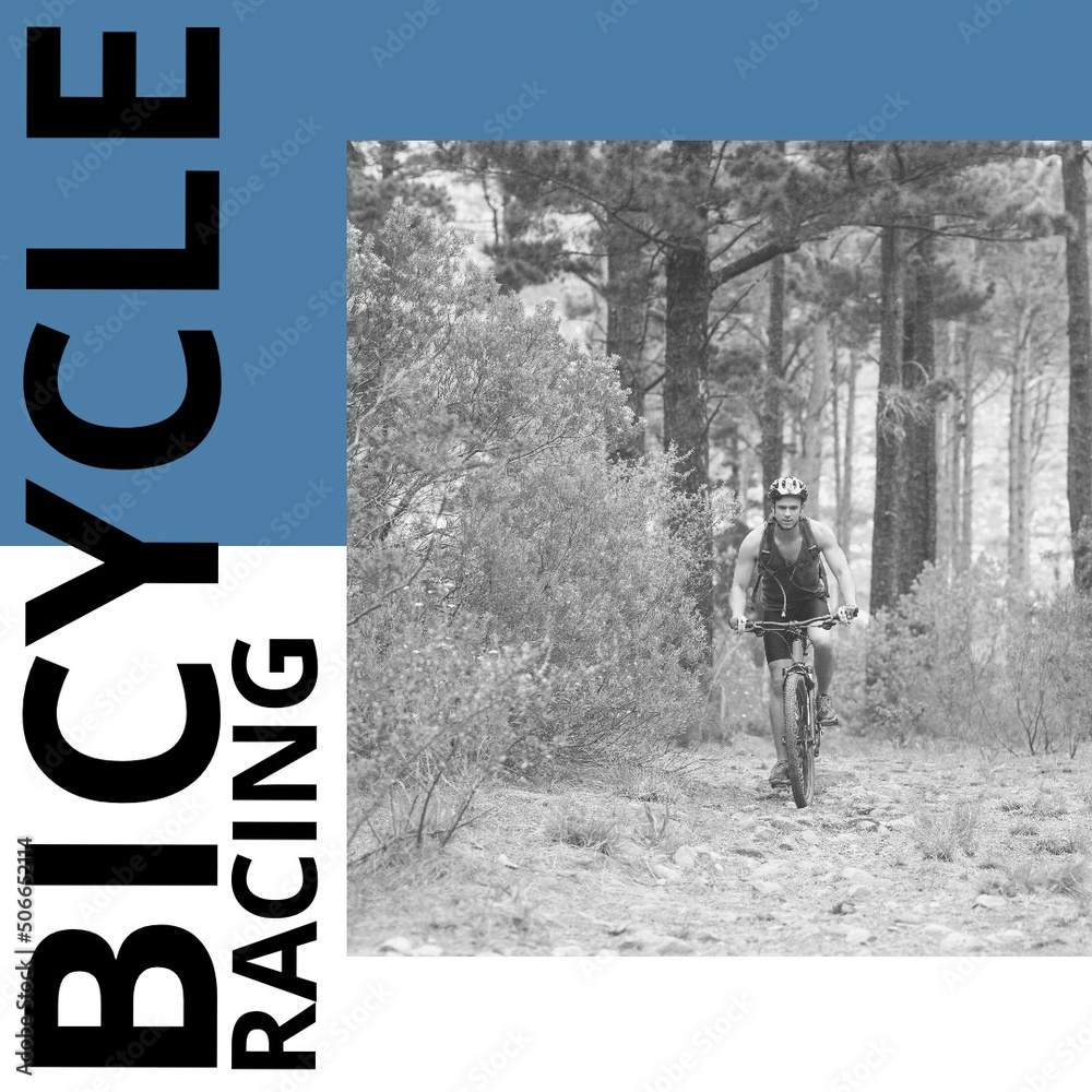 Bicycle racing text on frame and caucasian young man cycling in forest during race