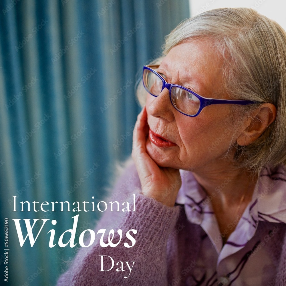 International widows day text with sad contemplative caucasian senior woman at home, copy space