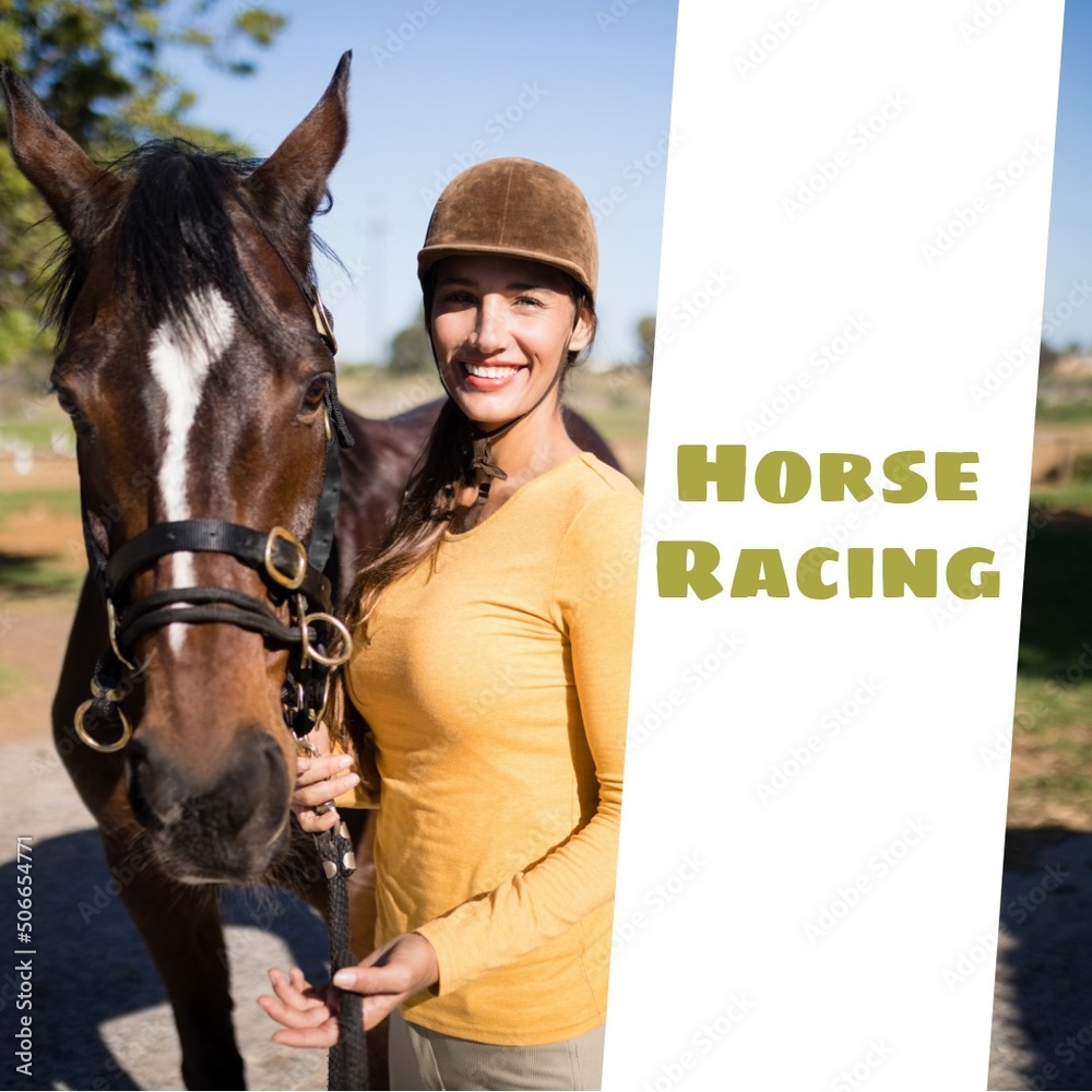 Composite of horse racing text and portrait of smiling asian young woman with horse, copy space