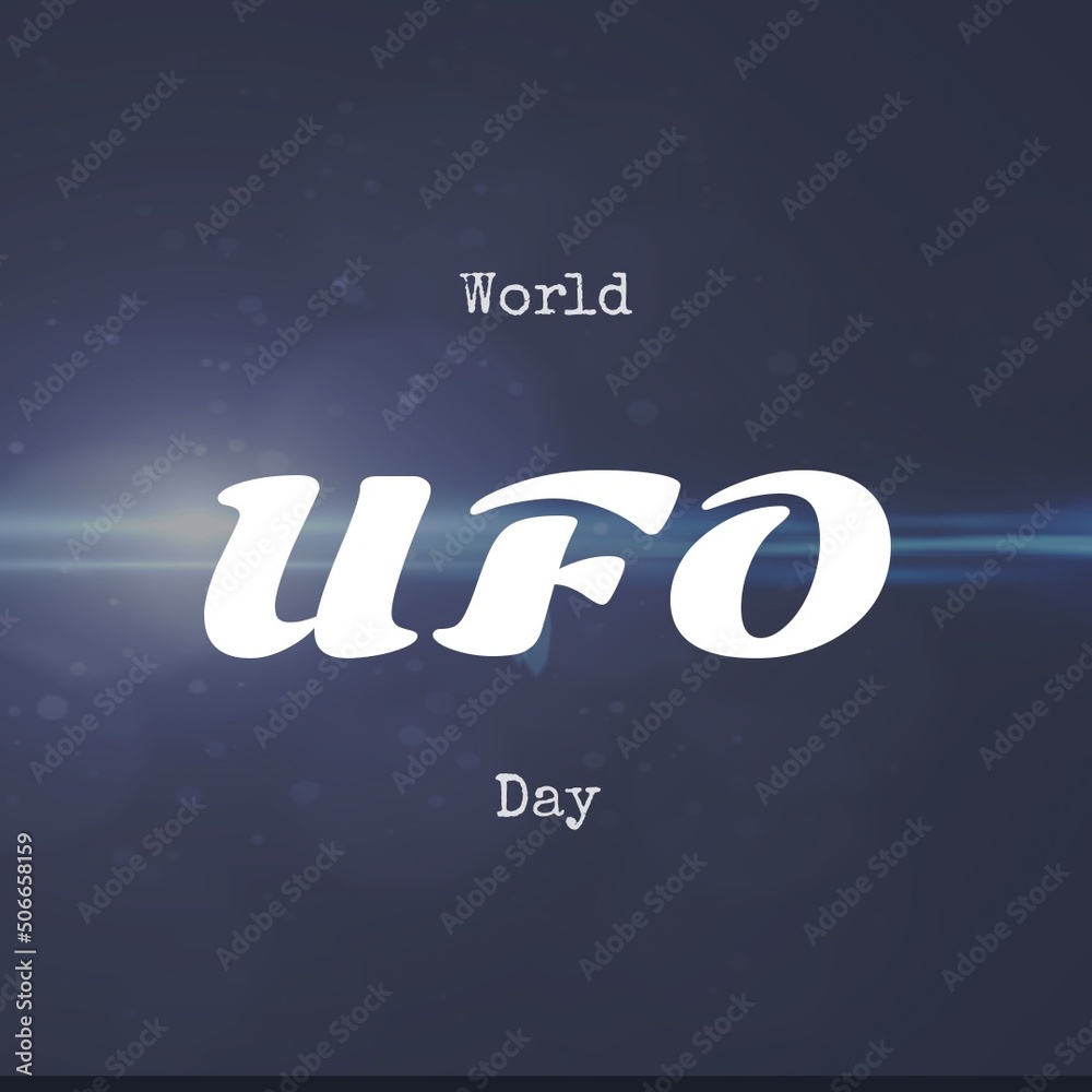 Illustrative image of world ufo day text against illuminated blue background, copy space