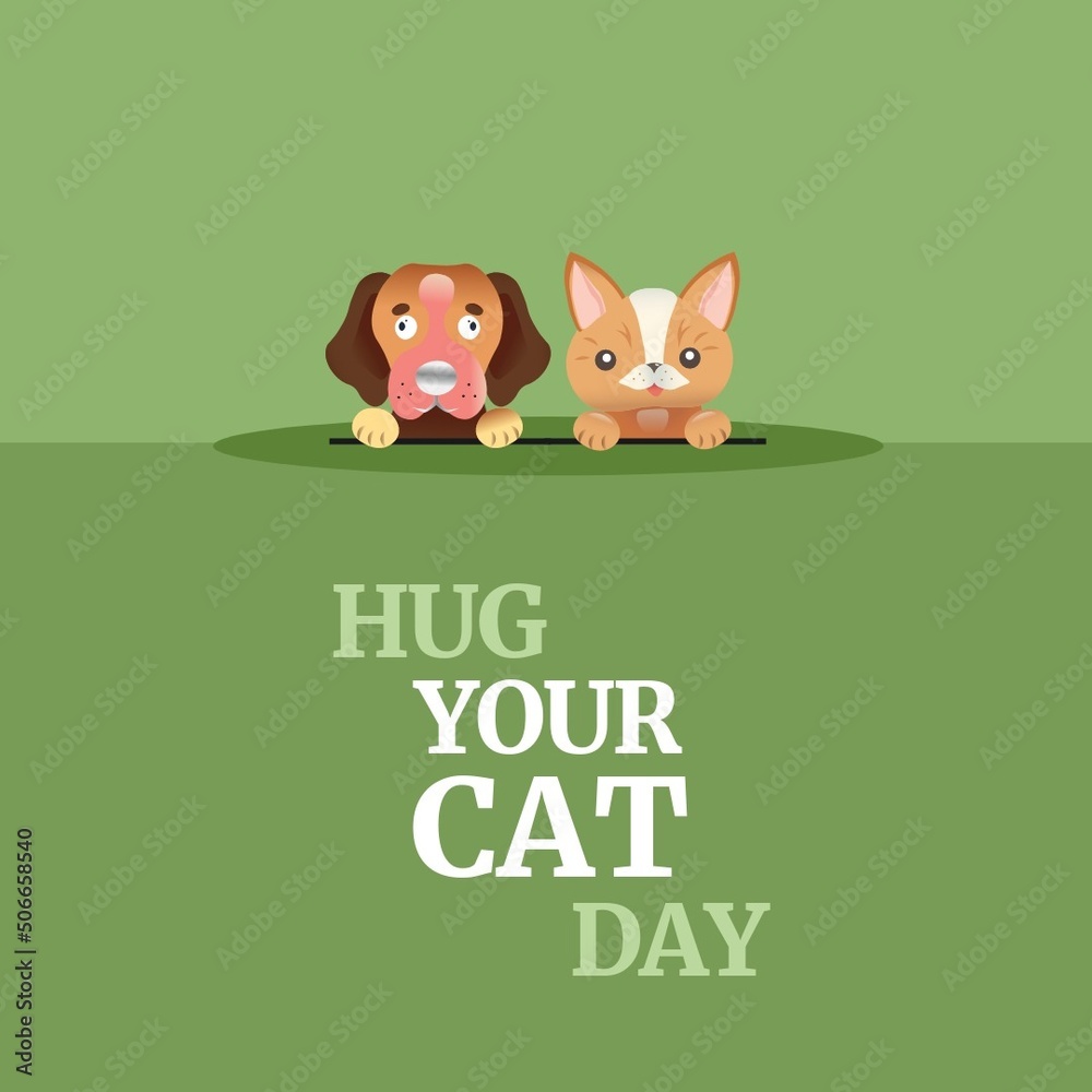 Illustration of cute pets with hug your cat day text against green background, copy space