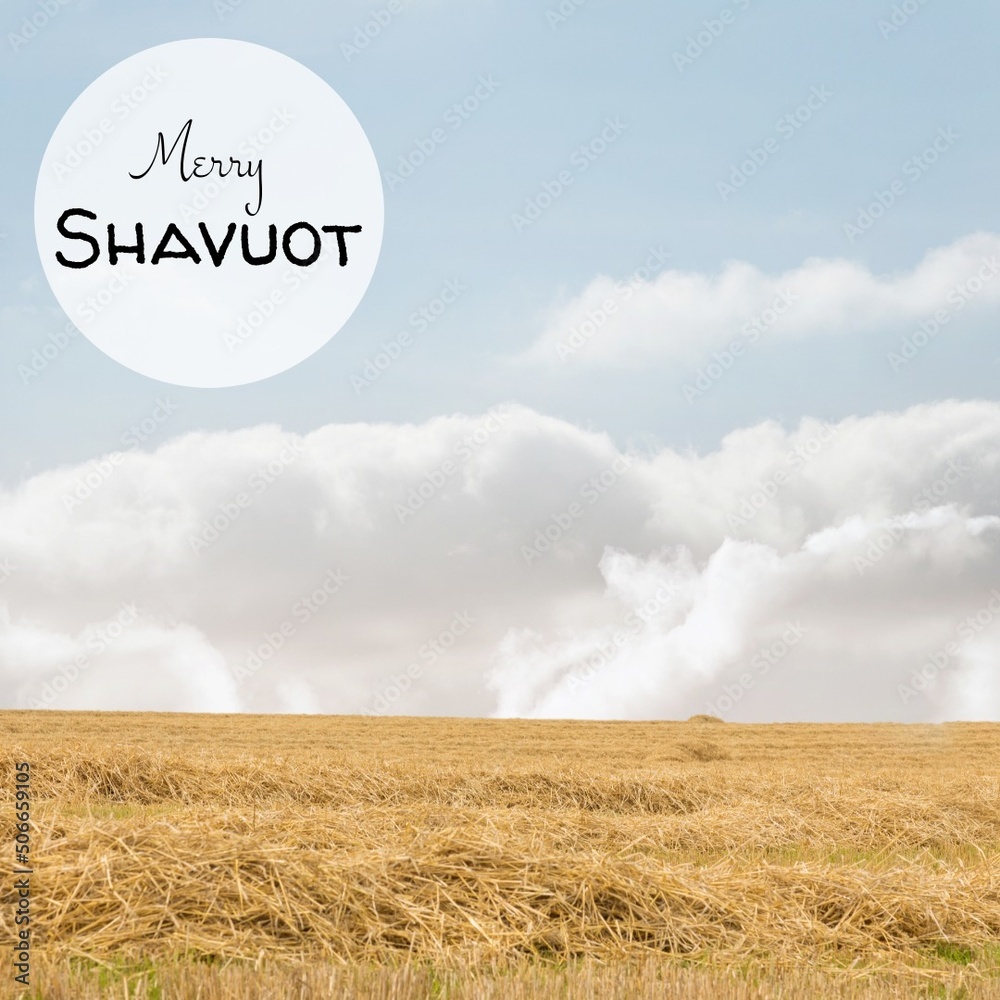 Digital composite image of merry shavuot text over wheat field against blue sky, copy space