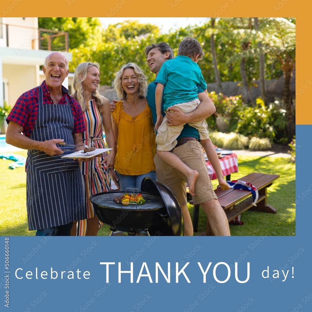 Composite of caucasian multigeneration family enjoying barbecue and celebrate thank you day text