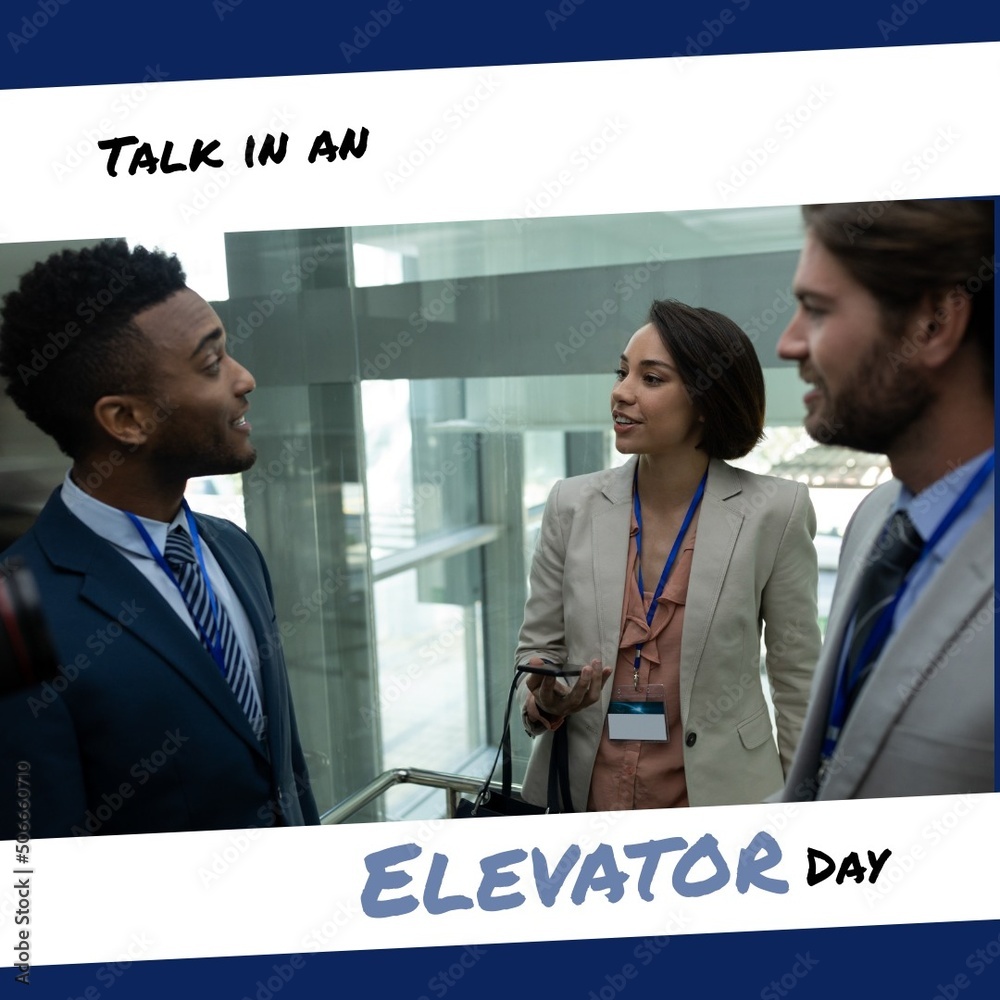 Talk in an elevator day text with multiracial business colleagues talking in elevator, copy space