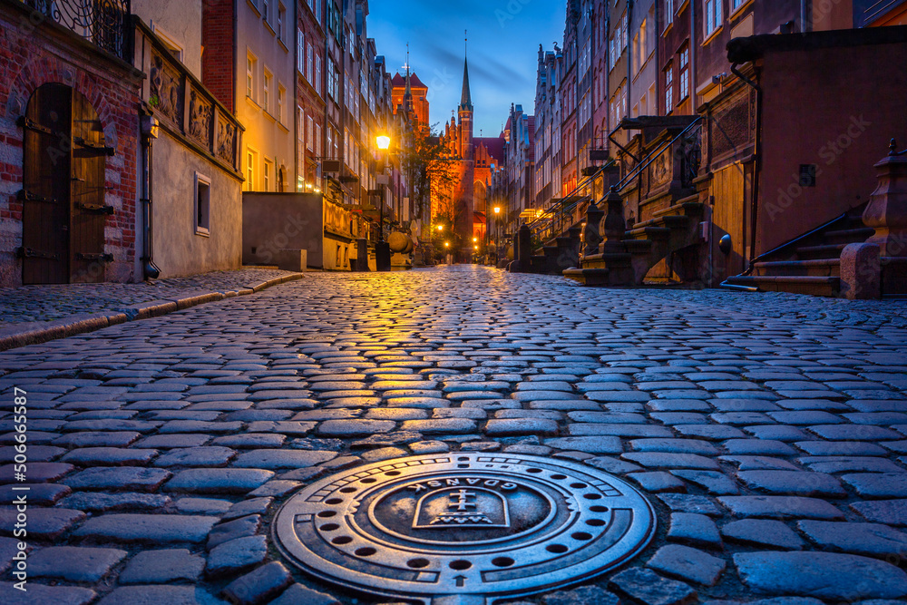 Beautiful architecture of Mariacka  street in Gdansk at night, Poland