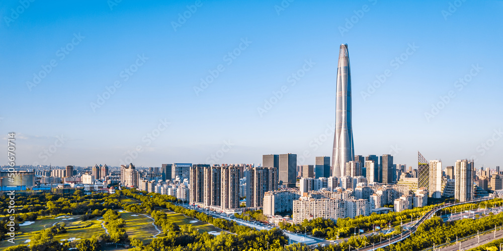 Aerial photography of the city skyline of Chow Tai Fook Financial Center, Binhai New Area, Tianjin, 