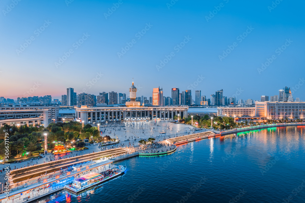 Night aerial photography of Tianjin Railway Station in Tianjin, China