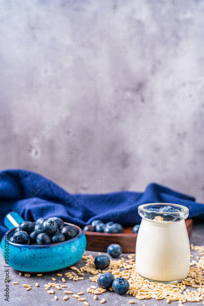 Healthy breakfast gourmet oatmeal blueberry yogurt and lots of blueberries