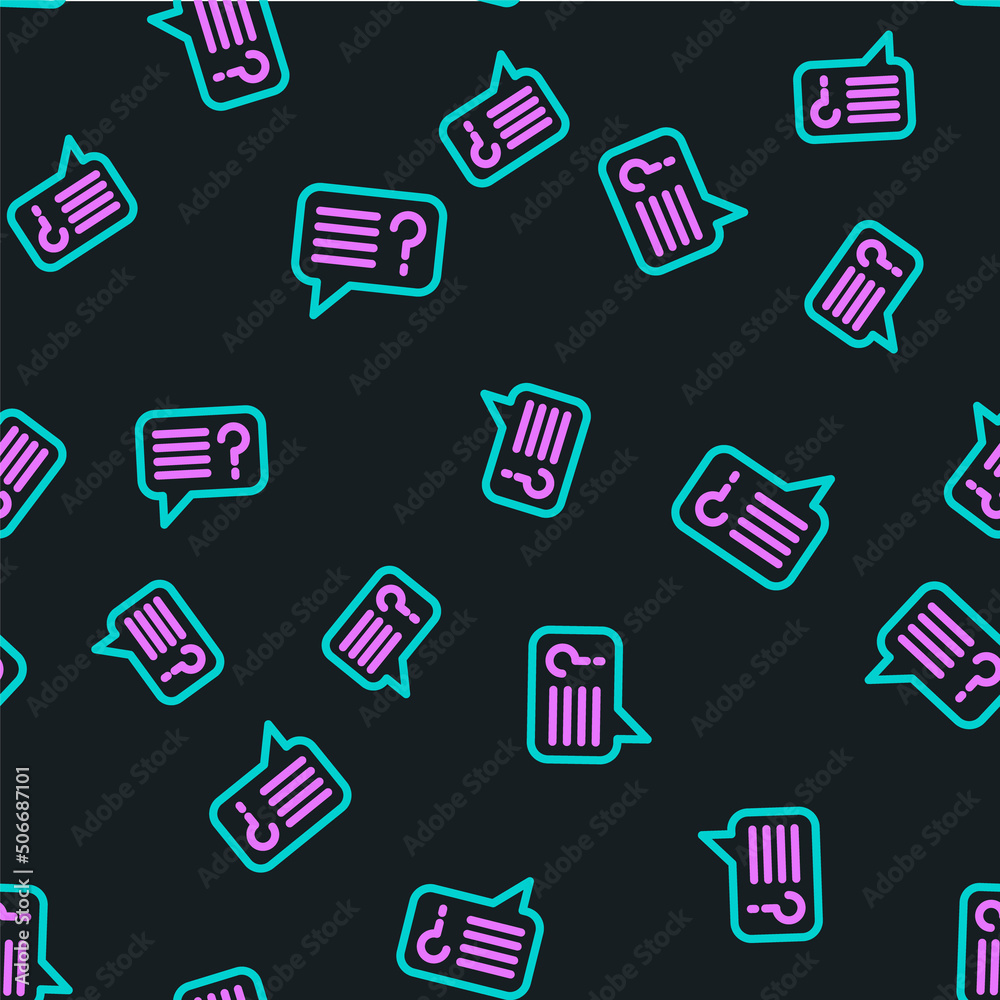 Line Unknown search icon isolated seamless pattern on black background. Magnifying glass and questio