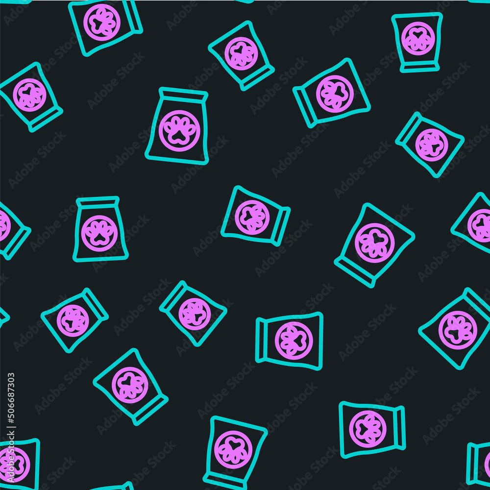 Line Bag of food for pet icon isolated seamless pattern on black background. Food for animals. Dog b