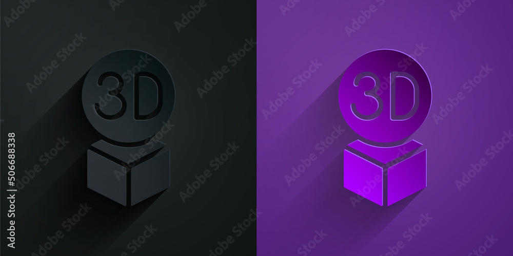 Paper cut Isometric cube icon isolated on black on purple background. Geometric cubes solid icon. 3D