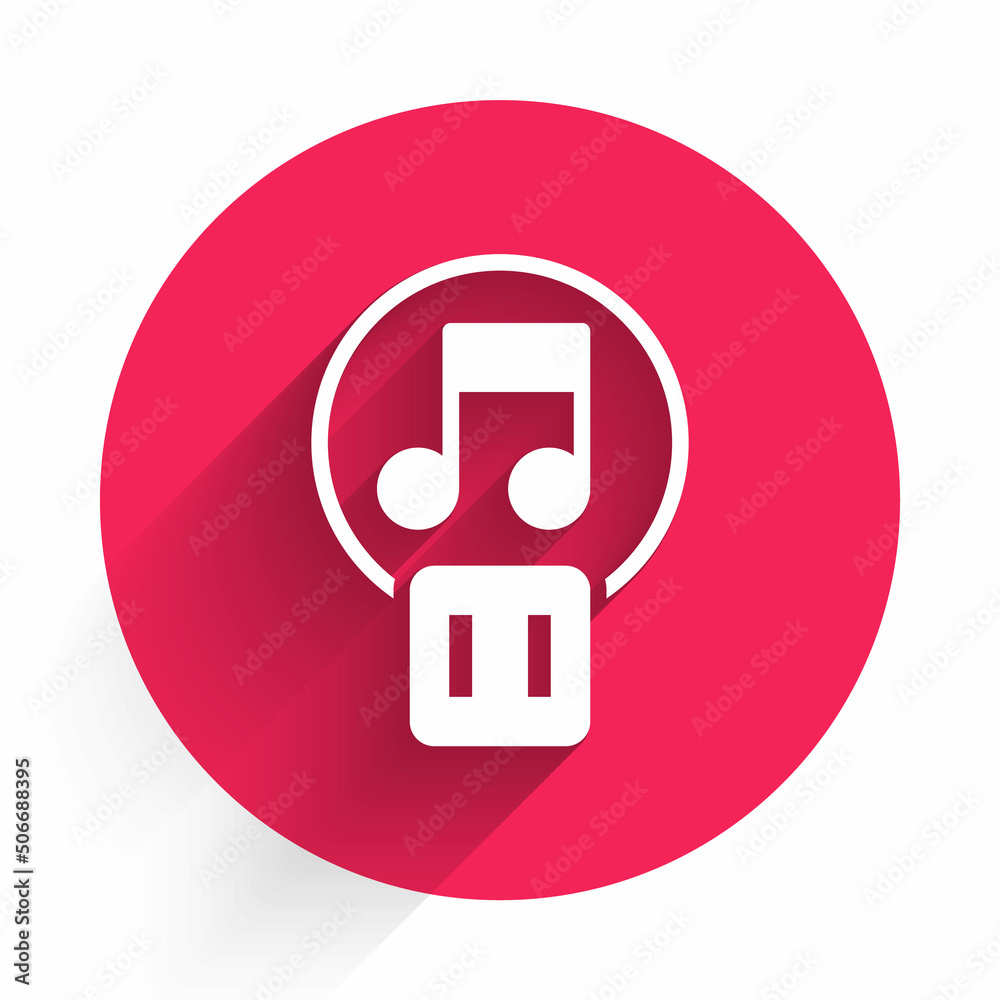 White Pause button icon isolated with long shadow. Red circle button. Vector