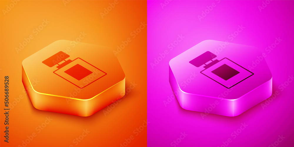 Isometric Perfume icon isolated on orange and pink background. Hexagon button. Vector