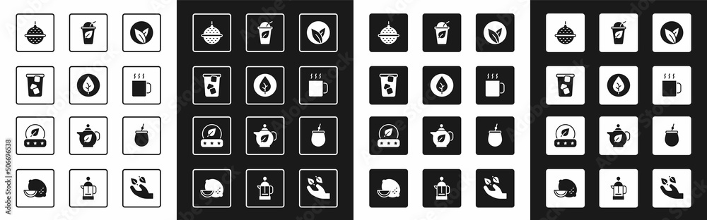 Set Tea leaf, Ice tea, Ball strainer, Cup of, with, Mate and icon. Vector