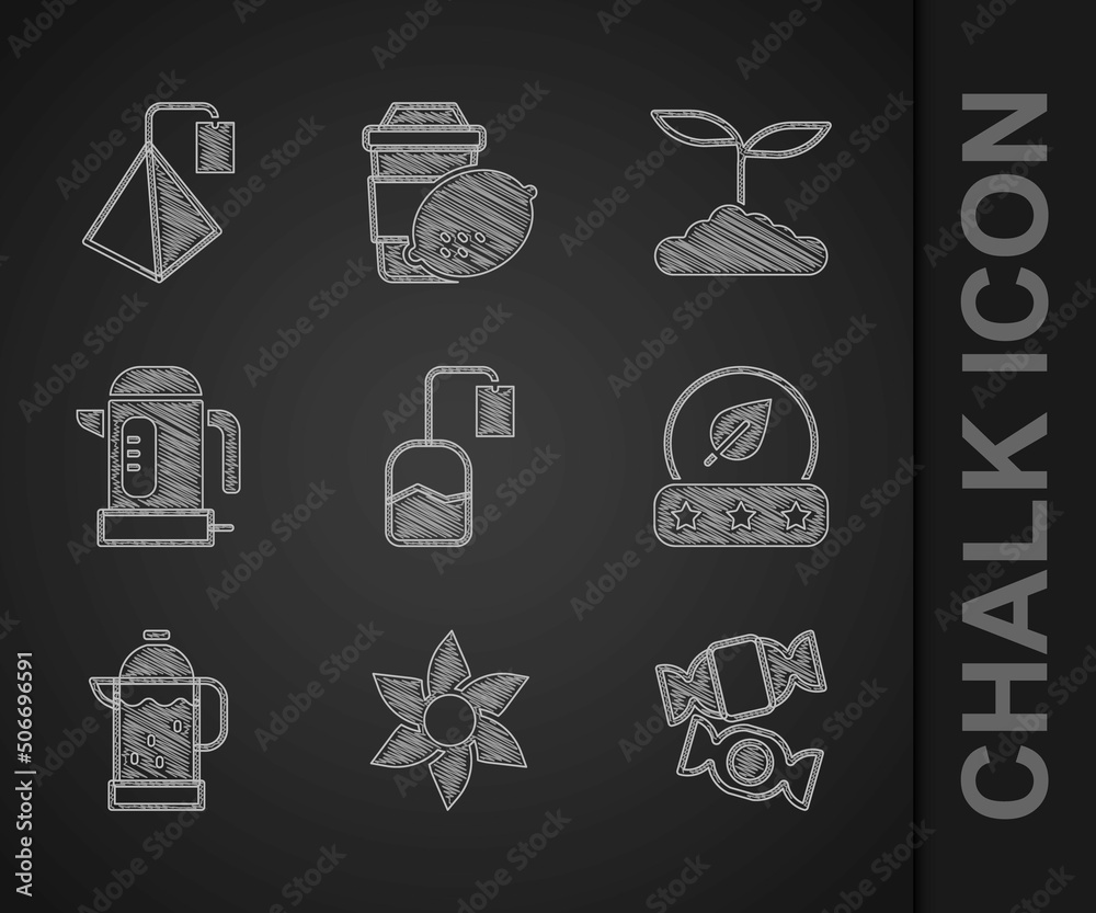 Set Tea bag, Flower, Candy, leaf, French press, Electric kettle, and icon. Vector