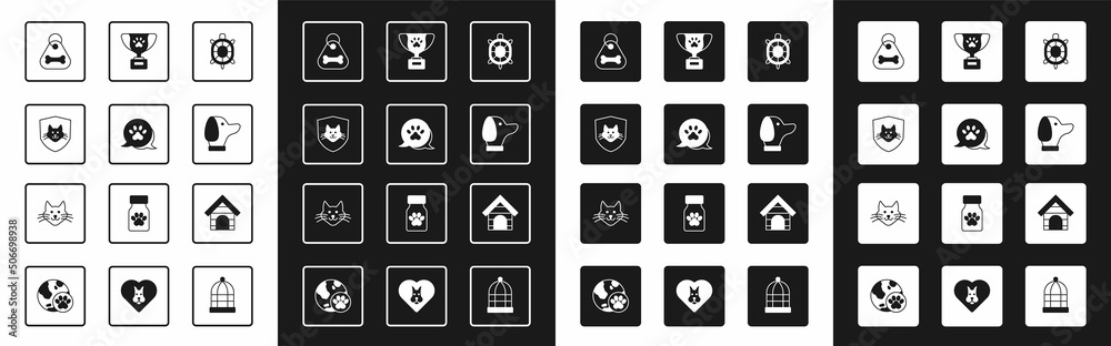 Set Turtle, Paw print, Animal health insurance, Dog collar with bone, Pet award symbol, house and Ca