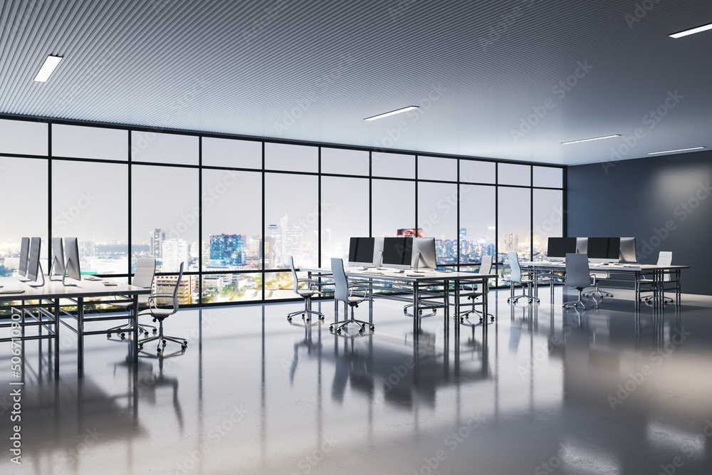 Perspective view on big open space office with minimalistic interior design, stylish work places and