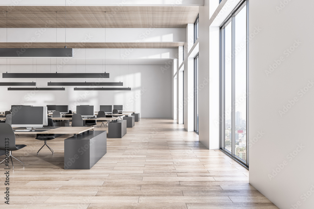 Side view on sunny spacious coworking office with modern interior design decorated by wooden slatted