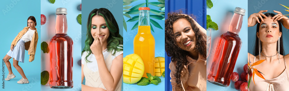 Collage of stylish young women and tasty soda drinks on blue background