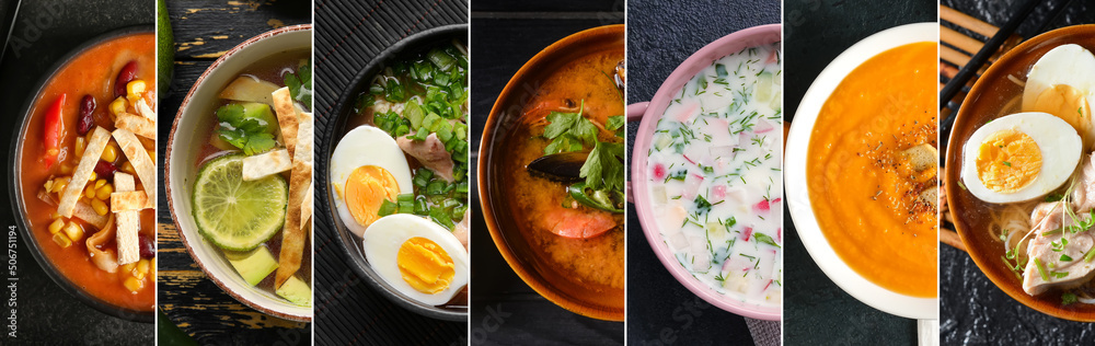 Set of tasty soups in bowls on dark background, top view