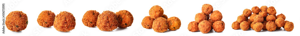 Set of tasty cod cutlets on white background